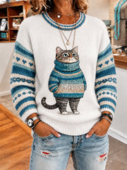 Women's Cute Winter Fat Cat Print Casual Sweater