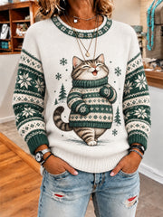Women's Cute Winter Fat Cat Print Casual Sweater