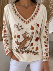 Women's Cute cat print V-Neck T-Shirt