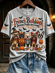 Women's Vintage French Bulldogs Because People Are Creepy Halloween Print Short-sleeved T-shirt
