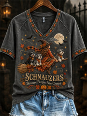 Women's Schnauzers Because People Are Creepy Fall Witch & Dogs Print short-sleeved T-shirt