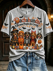 Women's Vintage Dachshunds Because People Are Creepy Halloween Print Short-sleeved T-shirt