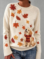 Women's Autumn Leaf Dog Pattern Design Casual Long-Sleeve Sweater