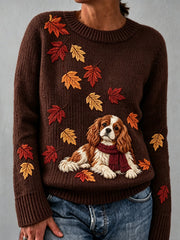 Women's Autumn Leaf Dog Pattern Design Casual Long-Sleeve Sweater
