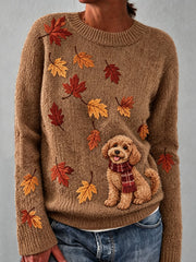 Women's Autumn Leaf Dog Pattern Design Casual Long-Sleeve Sweater