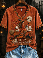 Women's Shih Tzus Because People Are Creepy Fall Witch & Dogs Print short-sleeved T-shirt