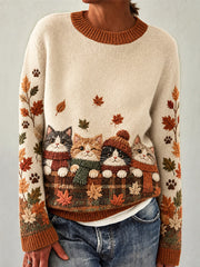 Women's Cute Cats In Autumn And Winter Print Long-sleeved Sweater