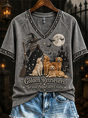 Women's Golden Retrievers Because People Are Creepy Halloween Witch & Dogs Print short-sleeved T-shirt