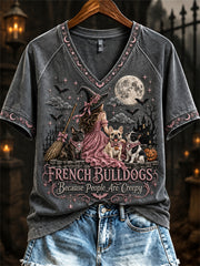 Women's French Bulldogs Because People Are Creepy Halloween Witch & Dogs Print short-sleeved T-shirt