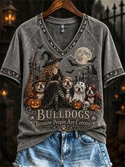 Women's Bulldogs Because People Are Creepy Halloween Witch & Dogs Print short-sleeved T-shirt
