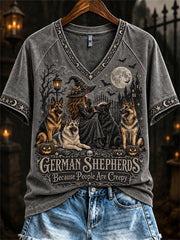 Women's German Shepherds Because People Are Creepy Halloween Witch & Dogs Print short-sleeved T-shirt