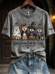 Women's Shibas Because People Are Creepy Halloween Dogs Print short-sleeved T-shirt