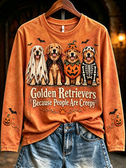 Women's Golden Retrievers Because People Are Creepy Halloween Print Long Sleeve T-shirt