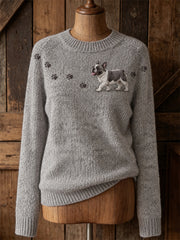Women's Lovely French Bulldog Walking & Paw Prints Print crew neck sweater
