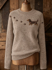 Women's Lovely Dachshund Dog Walking & Paw Prints Print crew neck sweater