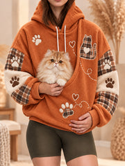 Women's Cute Winter Cat Print Cat Lovers Casual Flannel Hoodie