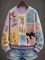 Women's Black Cat Flowers Regular Sweatshirt
