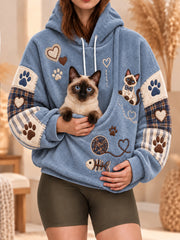 Women's Cute Winter Cat Print Cat Lovers Casual Flannel Hoodie