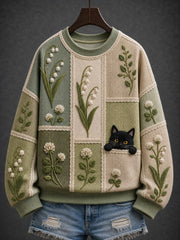 Women's Black Cat Flowers Regular Sweatshirt
