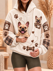 Women's Cute Winter Dog Print Dog Lovers Casual Flannel Hoodie