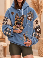 Women's Cute Winter Dog Print Dog Lovers Casual Flannel Hoodie