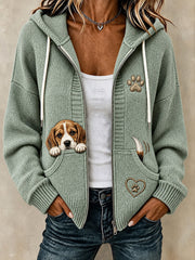 Women's Cute Peeking Beagle & Paw Print Cozy Knitted Coat