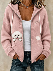 Women's Cute Peeking Bichon Frisé & Paw Print Cozy Knitted Coat