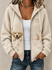 Women's Cute Peeking Golden Retriever & Paw Print Cozy Knitted Coat