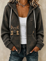 Women's Cute Peeking German Shepherd & Paw Print Cozy Knitted Coat