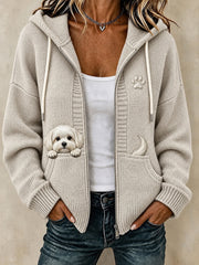 Women's Cute Peeking Maltese & Paw Print Cozy Knitted Coat