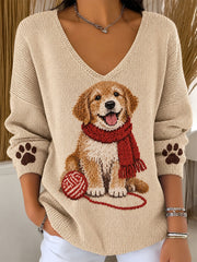 Women's Cute Scarf Dog Print V-Neck Ribbed Top