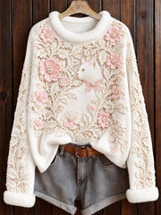 Women's Floral Cat Crew Neck Sweater