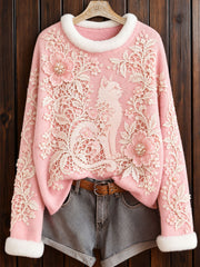 Women's Floral Cat Crew Neck Sweater