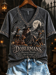 Women's Dobermans Because People Are Creepy Halloween Witch & Dogs Print short-sleeved T-shirt