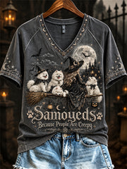 Women's Samoyeds Because People Are Creepy Halloween Witch & Dogs Print short-sleeved T-shirt