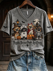 Women's Puggles Because People Are Creepy Halloween Dogs Print short-sleeved T-shirt
