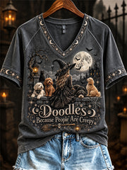 Women's Doodles Because People Are Creepy Halloween Witch & Dogs Print short-sleeved T-shirt