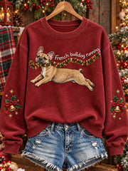 Women's Cute French Bulldog Running Christmas Dog Print Sweatshirt