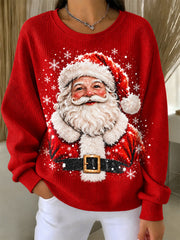 Women's Santa Claus Print Casual Ribbed Round-Neck Sweatshirt