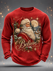 Men's Christmas Santa Claus Print Casual Waffle Long Sleeve T-Shirt