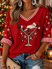 Women's Santa Claus Wine Glass Print T-Shirt