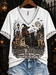 Women's German Shepherds Because People Are Creepy Halloween Witch & Dogs Print short-sleeved T-shirt