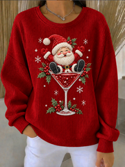 Women's Fun Santa Claus print Ribbed Round-Neck Sweatshirt