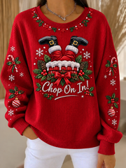 Women's Fun gingerbread man print Ribbed Round-Neck Sweatshirt