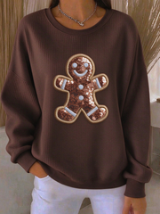 Women's gingerbread man print Ribbed Round-Neck Sweatshirt
