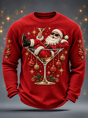 Men's Christmas Santa Claus Wine Glass Print Casual Waffle Long Sleeve T-Shirt