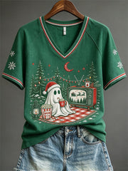 Women's Christmas Cozy Ghost Camping with TV Print short-sleeved T-shirt
