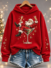 Women's Christmas Santa Claus Wine Glass Print Casual Hoodie