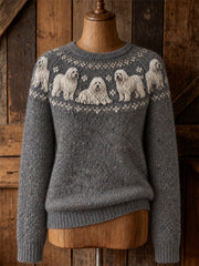 Women's Vintage Komondor Dogs Yoke Isle Pattern Print Cozy Crew neck Sweater