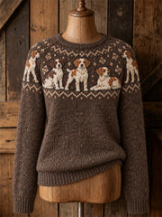Women's Vintage Brittany Dogs Yoke Isle Pattern Print Cozy Crew neck Sweater